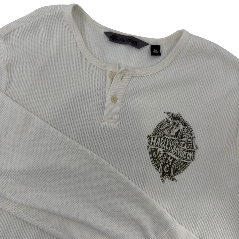 Harley-Davidson Mens 2XL White Waffle Knit Thermal Henley Long Sleeve Shirt